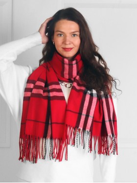 Cashmere Feeling Plaid Patterned Scarf W/ Tassels